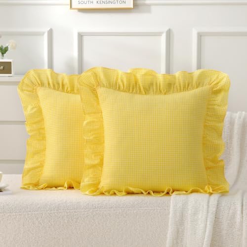 Gingham Throw Pillow Covers 18x18, Sunny Yellow, Ruffle Trim by Jilboo