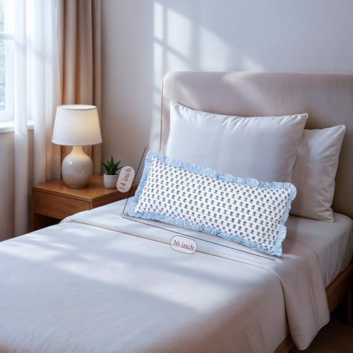CPC Block Print Arctic Blue Ruffle Cotton Lumbar Pillow Cover 14x36 inch - Image 3