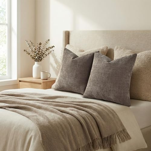 decorUhome Chenille Throw Pillow Covers 20x20 Set of 2, Taupe Grey - Image 7