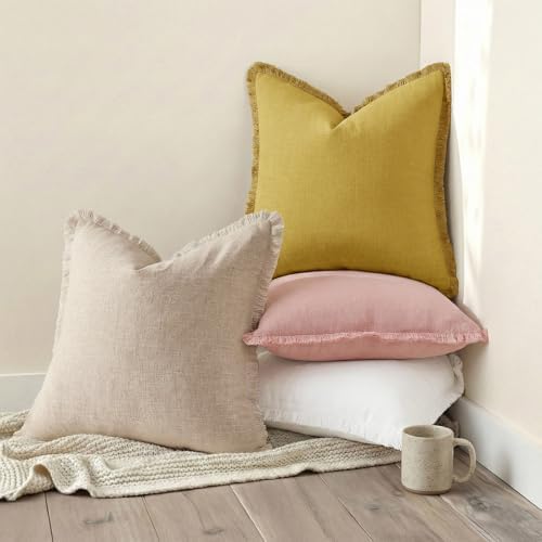 decorUhome Linen Fringe Mustard Yellow Throw Pillow Covers 16x16 Set of 2 - Image 5