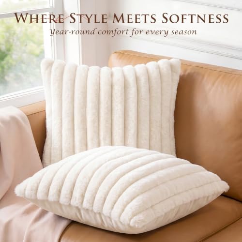 Set of 2 Decorative Throw Pillow Covers 16x16, Faux Fur Cream White - Image 4
