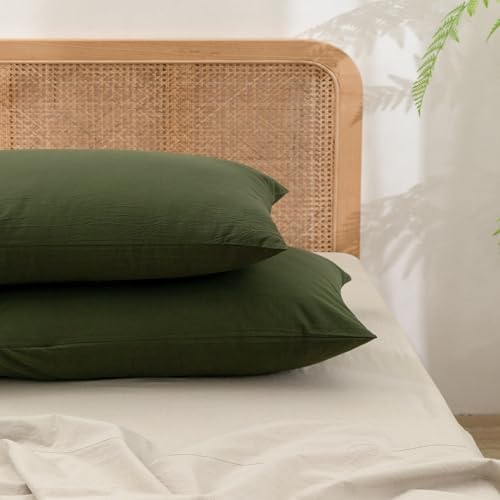 BESTOUCH Washed Cotton Pillowcases Linen Feel Olive Green 12 X 34 inch by BESTOUCH