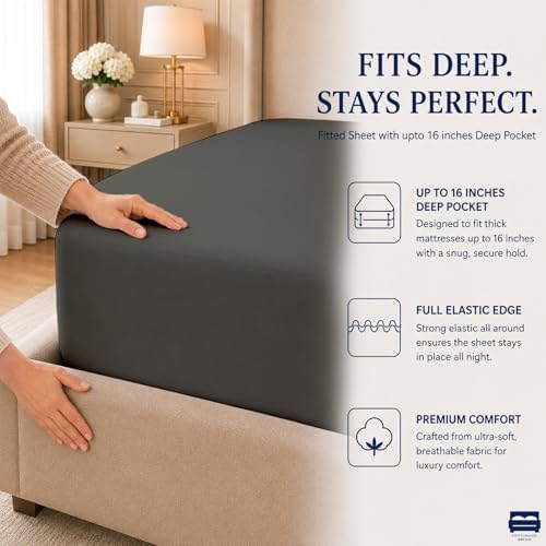 Cottingon 4 PC Cal King Sheets Fits 16" Deep, Egyptian Cotton, Dark Grey - Image 7