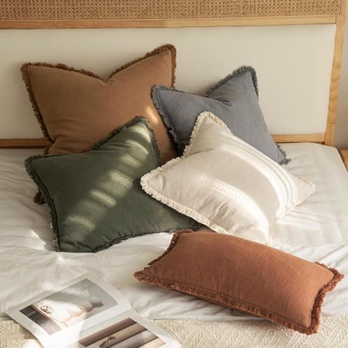 MIULEE Boho Linen Decorative Lumbar Throw Pillow Covers Olive Green 12x20 - Image 5