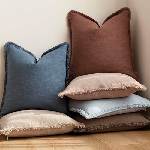 Foindtower Decorative Linen Fringe Throw Pillow Covers 24×24 Inch, Dark Blue - Image 6