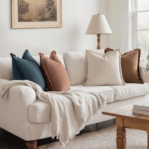 MIULEE Fall Linen Fringe Pillow Covers Set of 4 18x18 Beige/Brown/Blue - Image 3