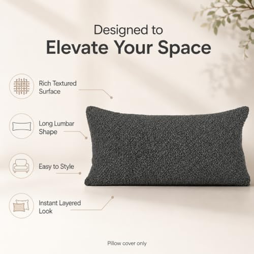 JoraLion 14x24 inch Boucle Lumbar Pillow Cover, Dark Grey Woven Texture Neutral - Image 5