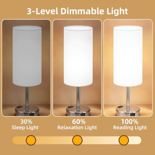 Table Lamp, Dimmable Touch, AC Outlet, USB A+C (White&Silver) - Image 3