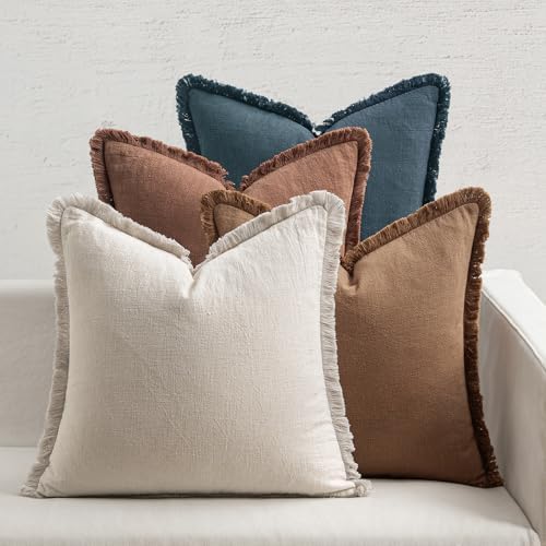 MIULEE Fall Linen Fringe Pillow Covers Set of 4 18x18 Beige/Brown/Blue by MIULEE