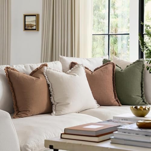 MIULEE Fall Linen Fringe Pillow Covers Set of 4 22x22 Beige/Brown/Green - Image 3