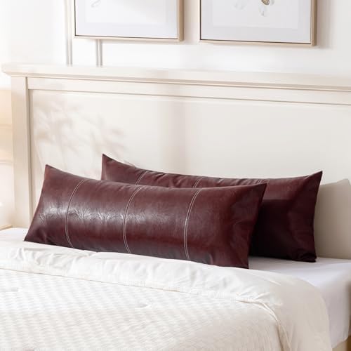 Fancy Homi Burgundy Boho Long Lumbar Faux Leather Decorative Throw Pillow - Image 4