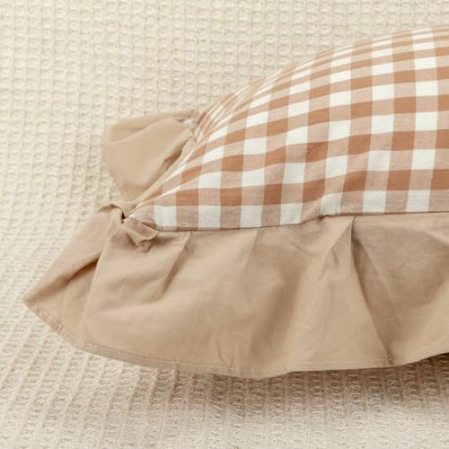 JoraLion Ruffled Throw Pillow Cover 20x20 Gingham Khaki Solid Edge - Image 4