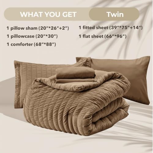 HYMOKEGE Brown Twin Comforter Set Seersucker 5 Pieces, All Season Luxury Bed in - Image 6