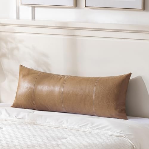 Fancy Homi Light Brown Boho Long Lumbar Faux Leather Decorative Throw Pillow by Fancy+Homi