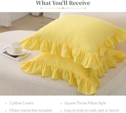 Gingham Throw Pillow Covers 18x18, Sunny Yellow, Ruffle Trim - Image 7
