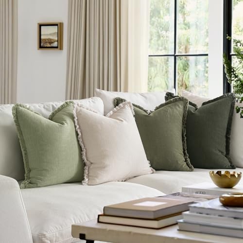MIULEE Fall Linen Fringe Pillow Covers Set of 4 24x24 Beige/Sage Green - Image 3