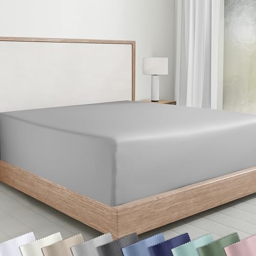Soft Natural 100% Cotton Sateen Twin XL Fitted Sheet, Light Grey by CaliforniaDesignDen