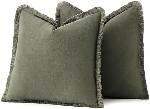 MIULEE Boho Linen Fringe Decorative Throw Pillow Covers Olive Green 16x16 - Image 6