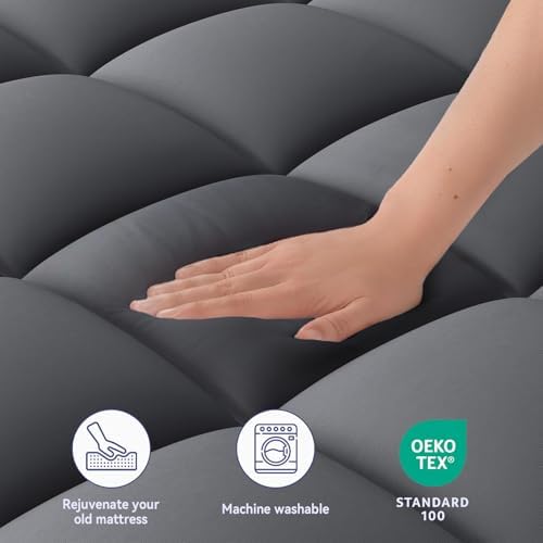 ELEMUSE Twin Grey Mattress Topper, Thick Pillow Top Mattress Pad Cover - Image 3
