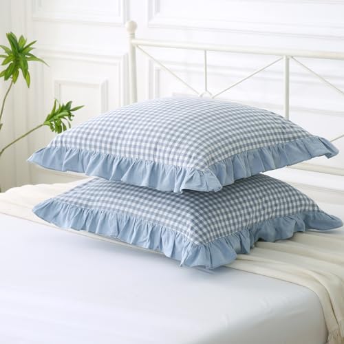 Mywinlle Dusty Blue Plaid Ruffle Gingham Throw Pillow Covers 18"x18" - Image 6