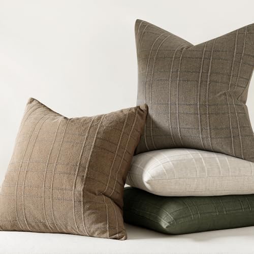 MIULEE Linen Plaid Pillow Covers Fall Decorative Euro 28x28 Light Brown - Image 6