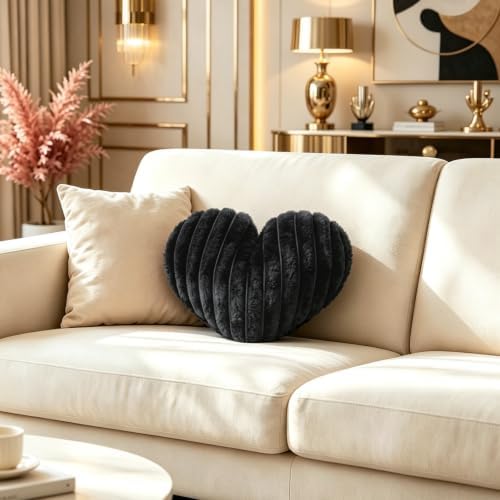 16 Inch Heart Shaped Pillow Black Faux Fur Fluffy Decorative Throw Pillows - Image 2