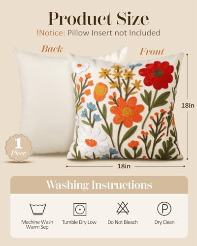 Embroidered Throw Pillow Cover 18x18 Inch, Flower Cluster - Image 4