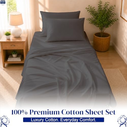 Cottingon 4 PC Cot Sheet Set 30"X75", Egyptian Cotton, Dark Grey - Image 2