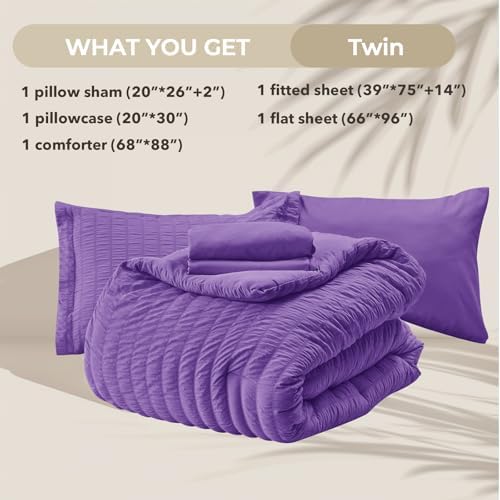 HYMOKEGE Bright Purple Twin Comforter Set Seersucker 5 Pieces, All Season - Image 5