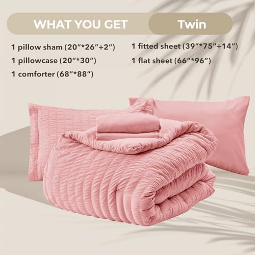 HYMOKEGE Rose Pink Twin Comforter Set Seersucker 5 Pieces, All Season Luxury - Image 5