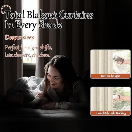 Blackout Curtains 54 Inch Length 2 Panels for Bedroom, Thermal Insulated Total Light Blocking Noise Reducing Linen Window Curtains for Farmhouse, Bronze Grommet, Natural, Each 52" Wide