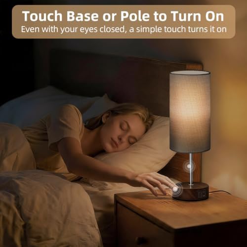 Table Lamp, Dimmable Touch, AC Outlet, USB A+C (Grey&Walnut) - Image 4