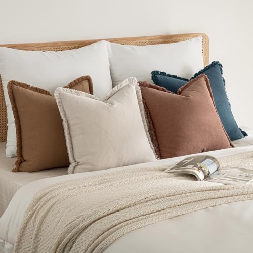 MIULEE Fall Linen Fringe Pillow Covers Set of 4 18x18 Beige/Brown/Blue - Image 5