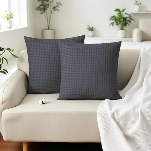 100% Cotton Waffle Weave Throw Pillow Covers Set of 2, Dark Grey, Hidden Zipper - Image 5