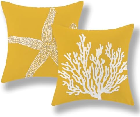 Coastal Pillow Covers 20x20 Set of 2 Yellow Coral Starfish Throw Pillows by GOLIANDA