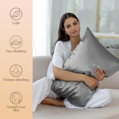 Silk Like Satin Pillowcase Queen Size, Dark Grey, 2 Pack, 20x30 Inches - Image 2