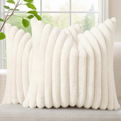 decorUhome Fall Faux Fur Throw Pillow Covers 16x16 Set of 2 Cream White by decorUhome