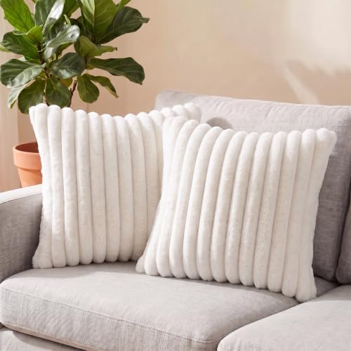 Set of 2 Decorative Throw Pillow Covers 20x20, Faux Fur Cream White - Image 5