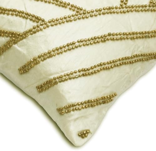 The HomeCentric Ivory Pack of 2, Silk Wooden Beads Lumbar Pillow Covers - Image 3