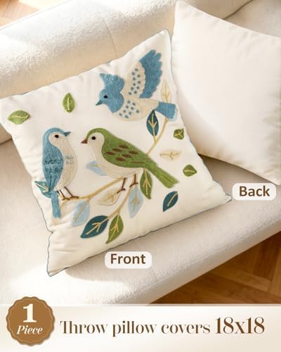 Animal Embroidered Throw Pillow Cover 18x18 Inch, Floral Birds - Image 4