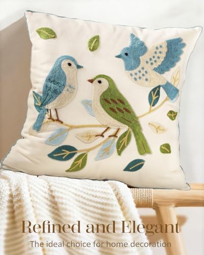Animal Embroidered Throw Pillow Cover 18x18 Inch, Floral Birds - Image 5