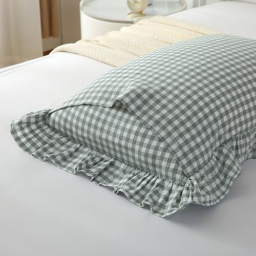 Mywinlle Dusty Green Gingham Ruffle Pillow Shams King Size Set of 2 - Image 3