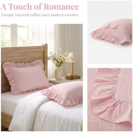 Mywinlle 2 Pack Blush Pink Plaid Ruffle Standard Size Pillow Shams -20"x26" - Image 4