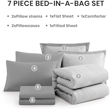Monbix Full Comforter Set 7 Pieces Light Grey Cationic Dyeing Bed in a Bag - Image 7