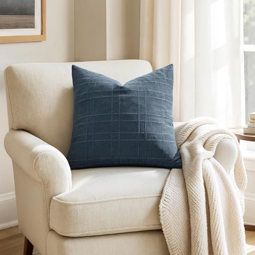 MIULEE Linen Plaid Pillow Covers Coastal Decorative 18x18 Dark Blue - Image 6