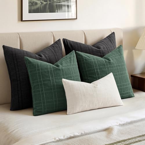 MIULEE Linen Plaid Pillow Covers Christmas Decorative Euro 24x24 Dark Green - Image 3