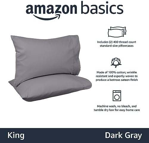 Amazon Basics 400 Thread Count 100% Cotton Pillow Cases, Sateen Weave, Dark Gray - Image 2