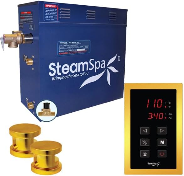 STEAMSPA 10.5kW Steam Sauna Generator Sentry Series 240V Steam Generator with Touch Screen, Steamhead, Built-in Steam Shower Auto Drain, ACU Quickstart Steam Bath Generator (Gold)