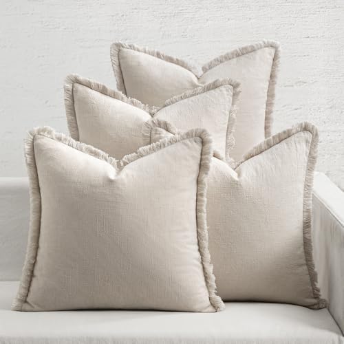 MIULEE Fall Linen Fringe Pillow Covers Set of 4 18x18 Neutral Beige by MIULEE