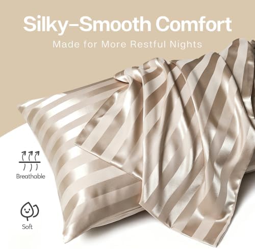 MR&HM Satin Pillowcase 2 Pack, King Size 20"x36", Champagne Striped - Image 3